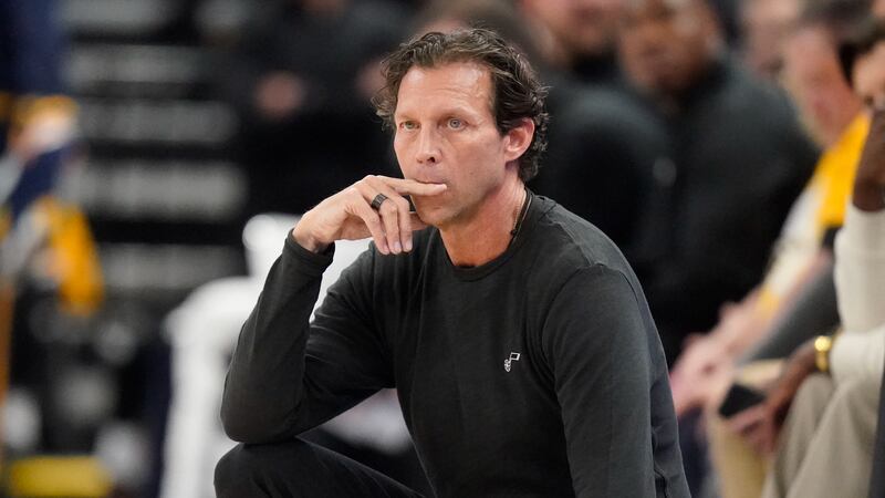 FILE - Utah Jazz head coach Quin Snyder looks on in the first half of Game 4 of an NBA...