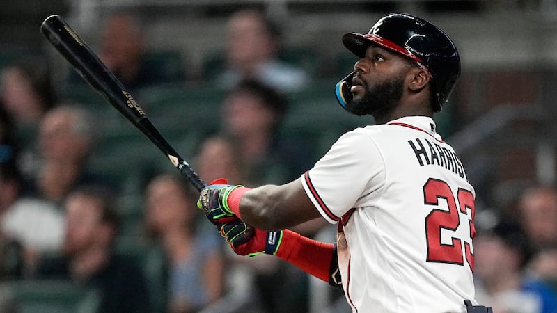 Atlanta Braves center fielder Michael Harris II (23) watches his two-run home run in the...