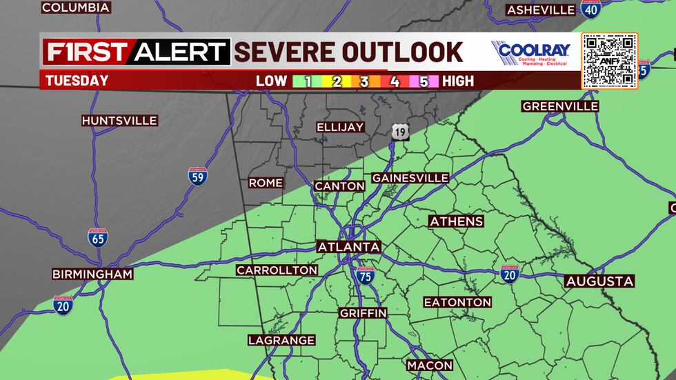Most of North Georgia is under a low threat of severe weather Tuesday