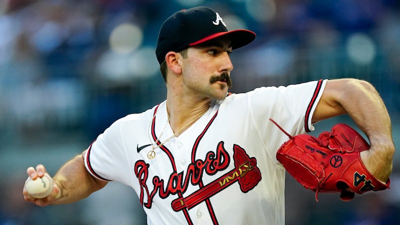 Atlanta Braves starting pitcher Spencer Strider delivers to an Atlanta Braves batter during...