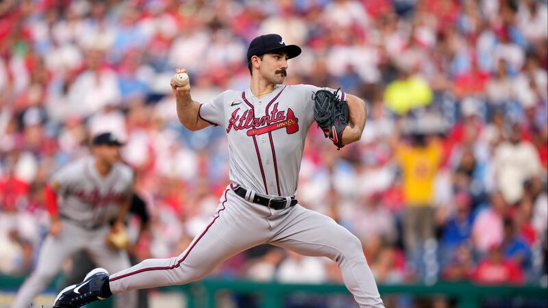 Atlanta Braves' Spencer Strider pitches during the first inning of a baseball game against the...