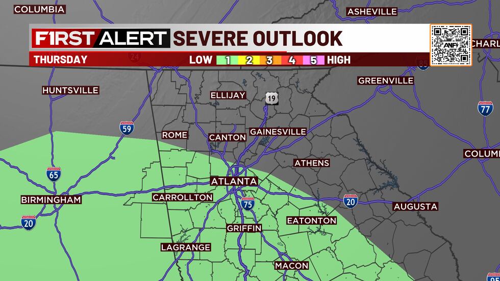 Isolated severe storm possible tomorrow night mainly south of Atlanta.
