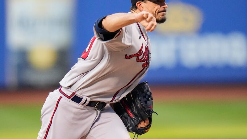 Atlanta Braves' Charlie Morton pitches during the first inning of a baseball game against the...