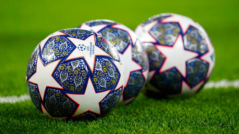 The Official UEFA Champions League match balls are on display ahead of the Champions League,...