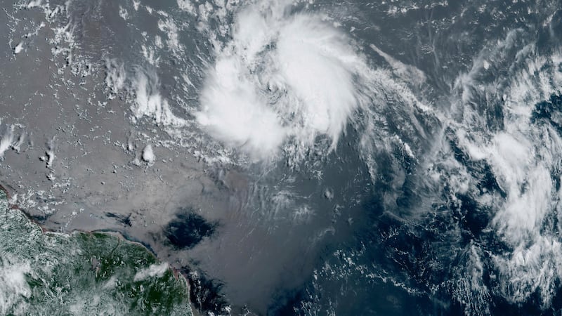 This GeoColor satellite image taken Tuesday, June 20, 2023 and provided by NOAA, shows...