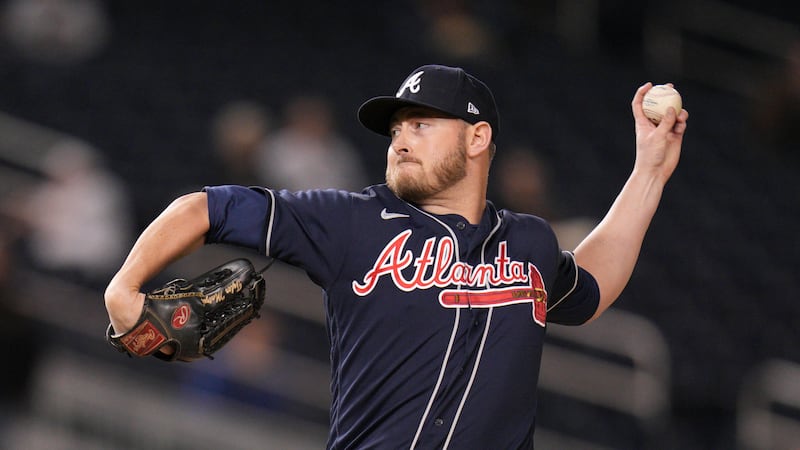 Atlanta Braves relief pitcher Tyler Matzek throws to the Washington Nationals during the ninth...