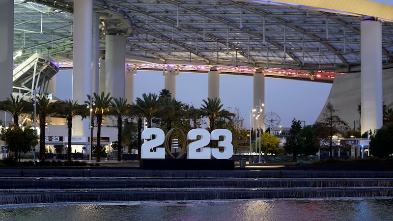 SoFi Stadium is decorated Wednesday, Jan. 4, 2023, with the CFP logo ahead of the CFP national...