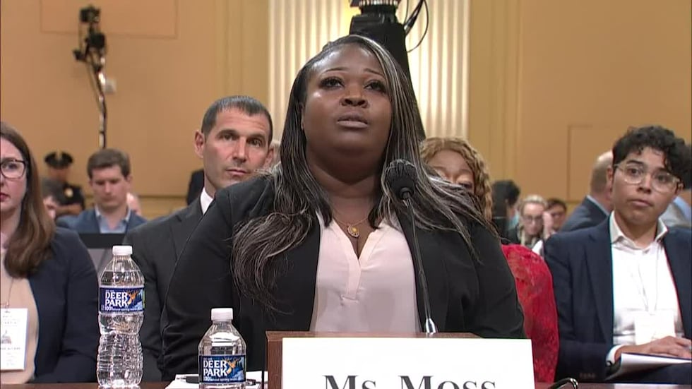 Shaye Moss said her family has suffered as part of the lies spread about the 2020 election.