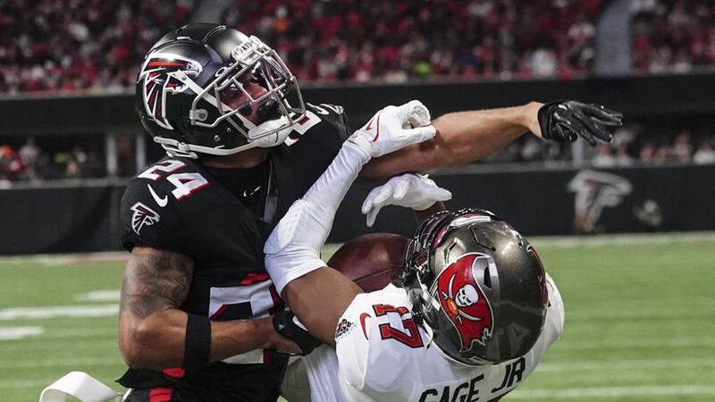 Tampa Bay Buccaneers wide receiver Russell Gage (17) makes a touchdown catch against Atlanta...